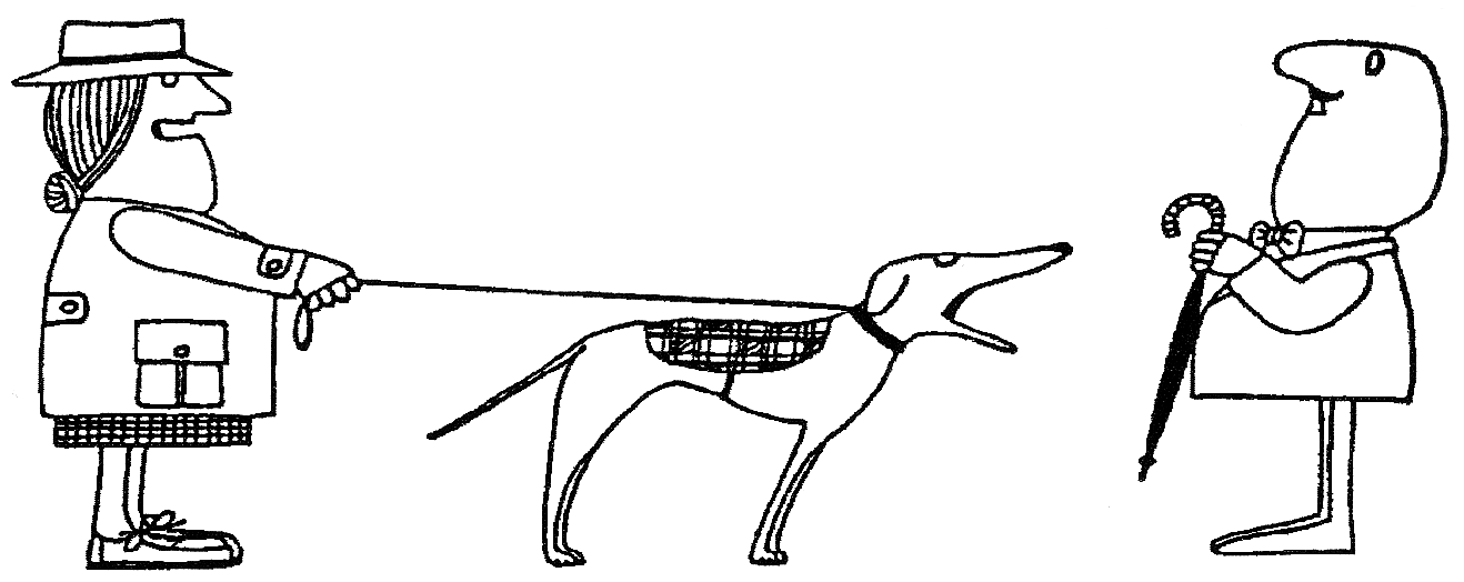 Cartoon of a woman with a dog and a man